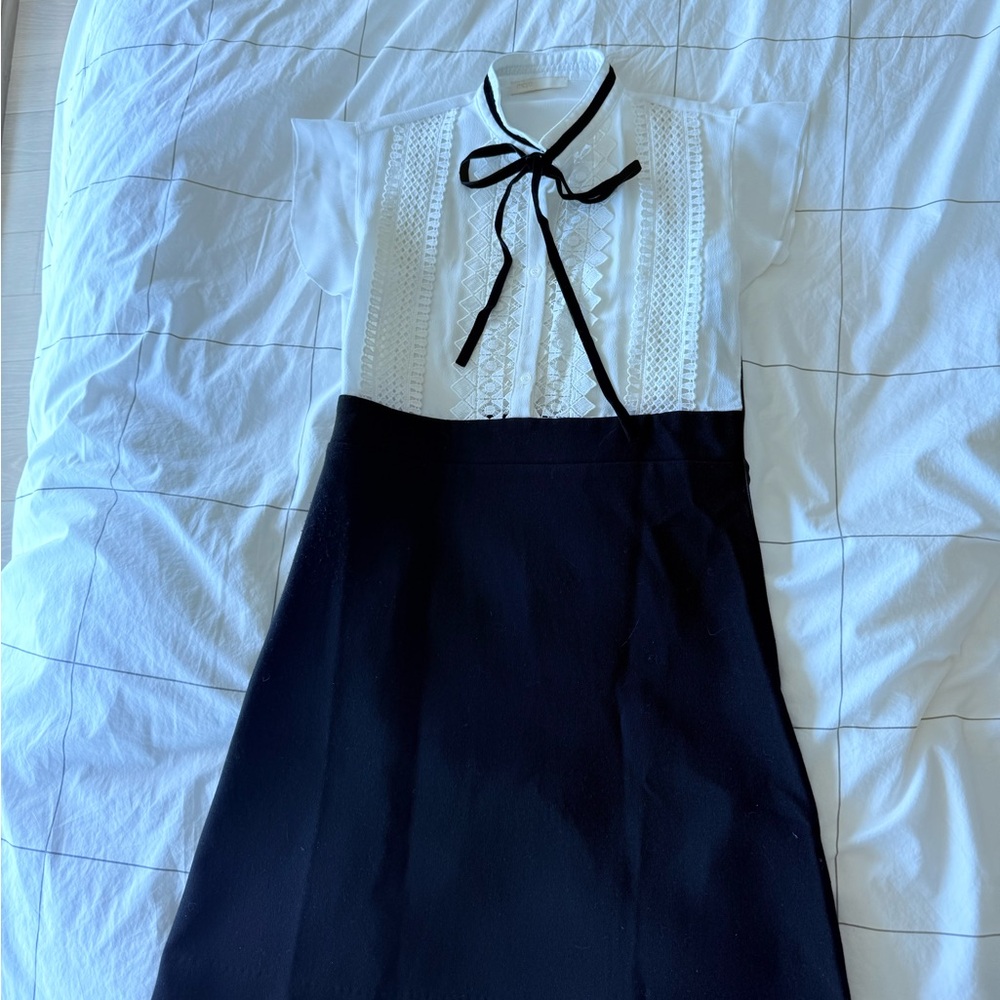 Maje Black and White Dress with Bow Detail